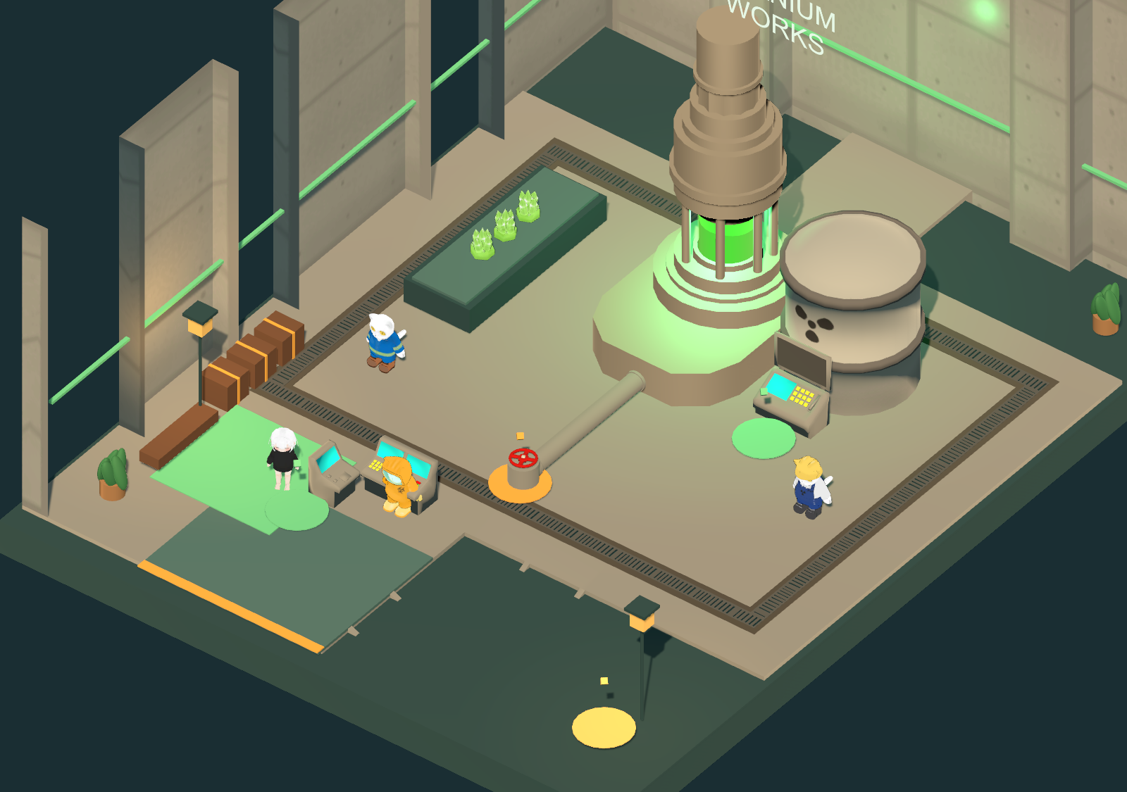 Cats and Minibot on the factory floor in the early game